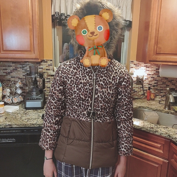 Girls 10/12 Leopard Print Puffer Coat With Fur Collar - Picture 4 of 4